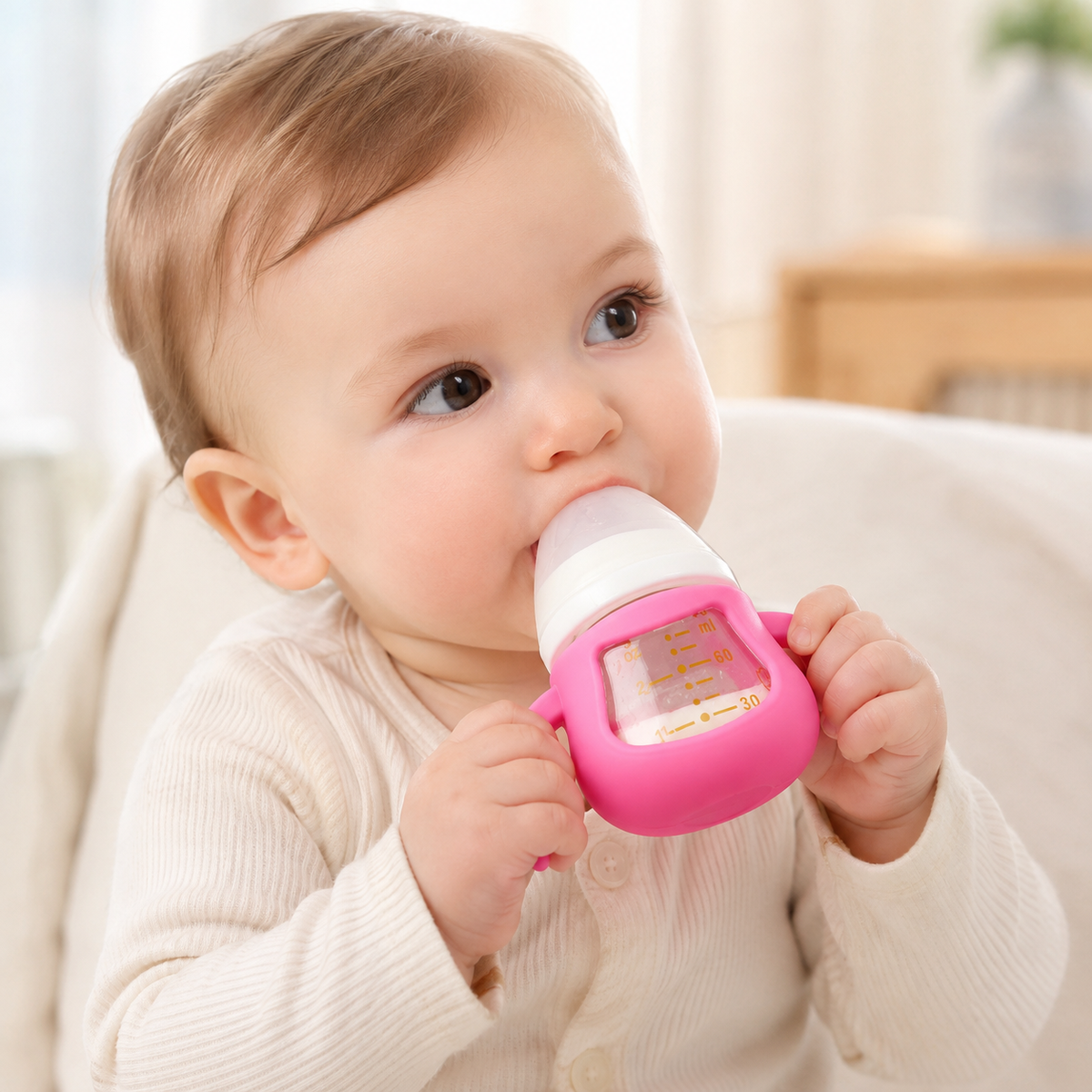 Wide-Neck Newborn Feeding Bottle with Silicone Sleeve & Wing Handles – 60ml