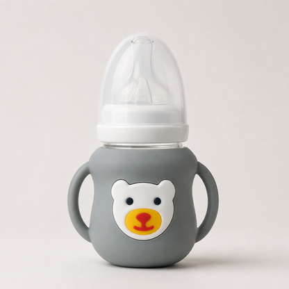 Bear Face Wide-Neck Glass Baby Bottle with Silicone Sleeve & Handles
