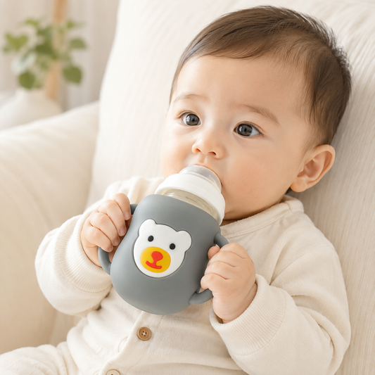 Bear Face Wide-Neck Glass Baby Bottle with Silicone Sleeve & Handles