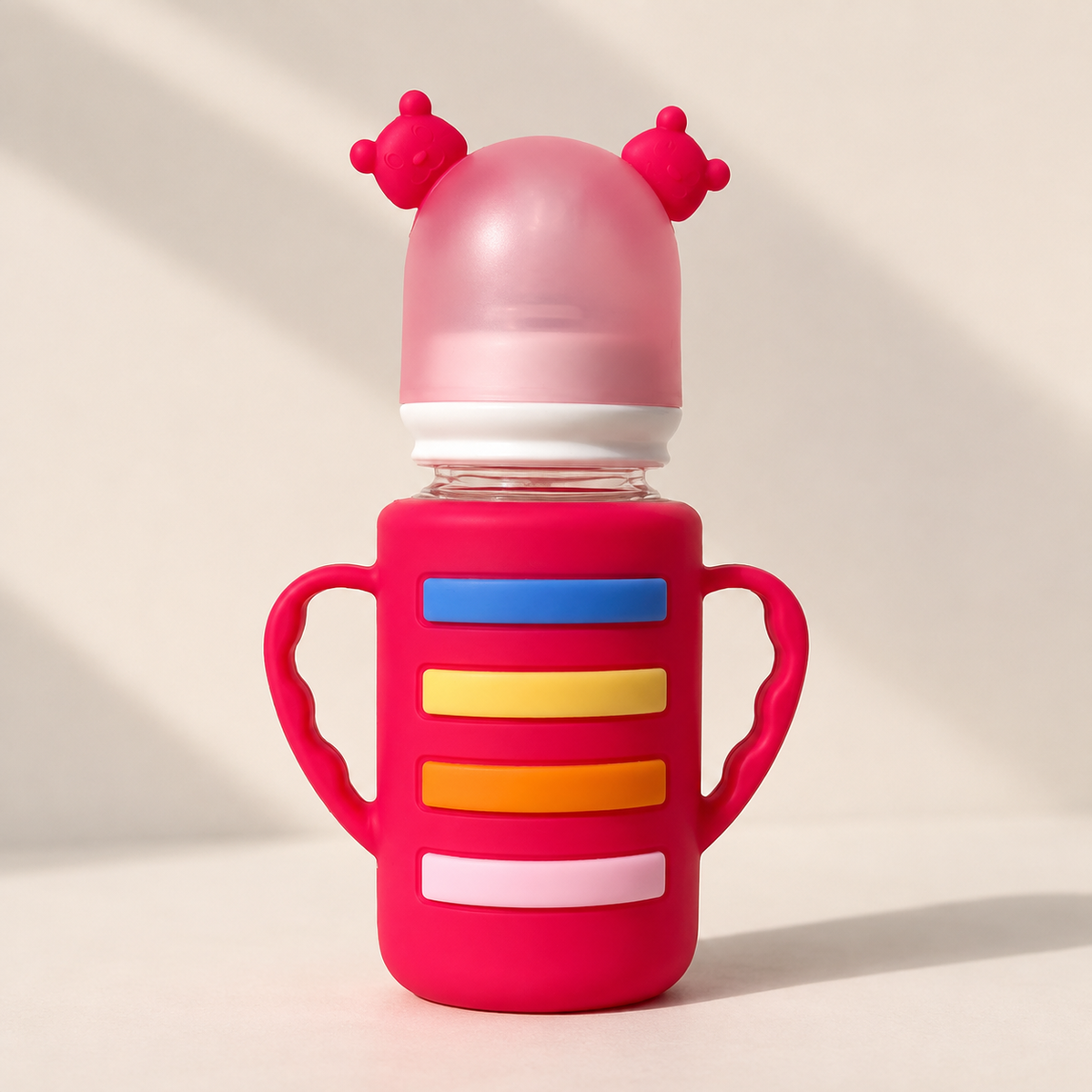 Rainbow Stripe Glass Baby Bottle with Bear Ear Cap & Dual Handles
