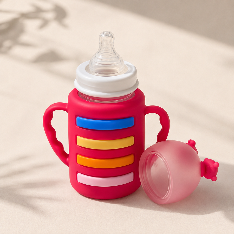 Rainbow Stripe Glass Baby Bottle with Bear Ear Cap & Dual Handles