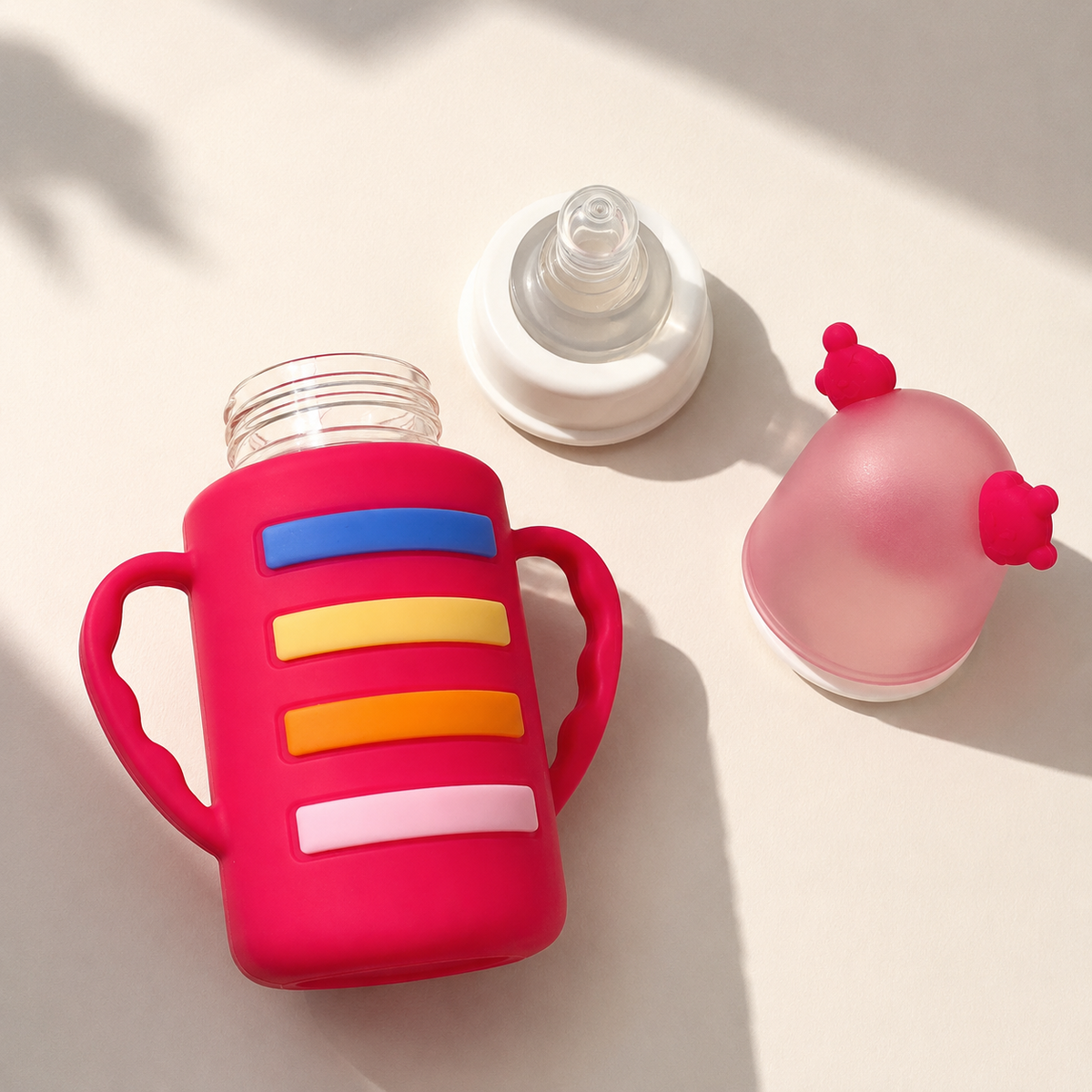 Rainbow Stripe Glass Baby Bottle with Bear Ear Cap & Dual Handles