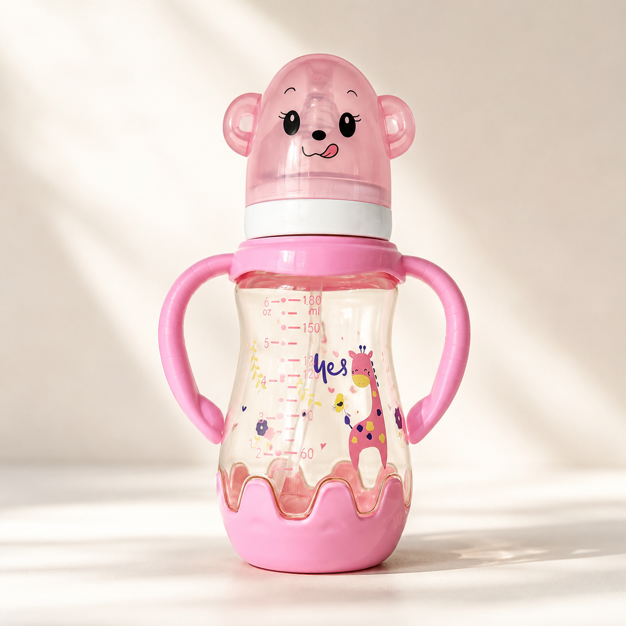 Yes Wide-Neck Glass Baby Bottle with Monkey Cap & Giraffe Print – 180ml