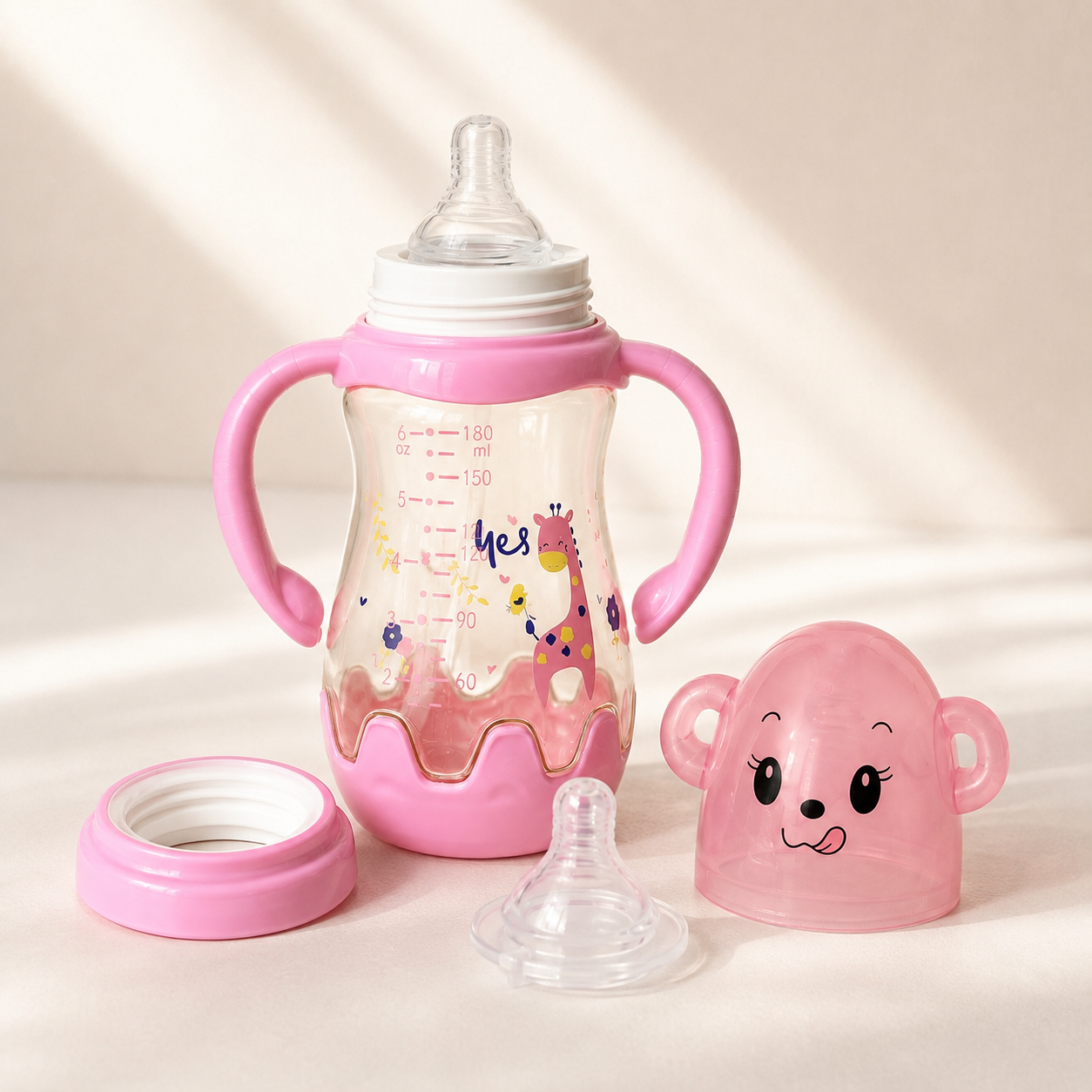 Yes Wide-Neck Glass Baby Bottle with Monkey Cap & Giraffe Print – 180ml