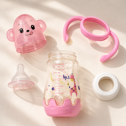 Yes Wide-Neck Glass Baby Bottle with Monkey Cap & Giraffe Print – 180ml