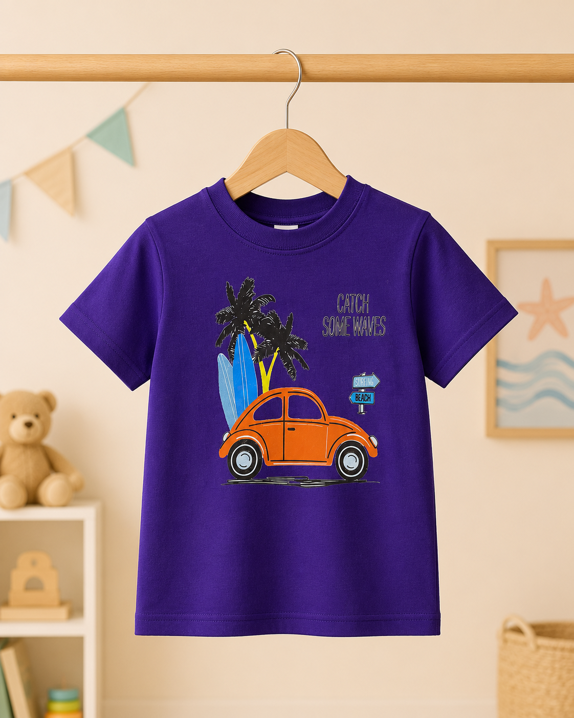 Boys Catch Some Waves graphic t-shirt Purple - front full view on hanger