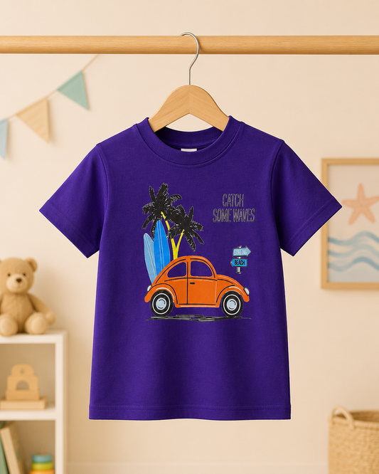 Boys Catch Some Waves graphic t-shirt Purple - front full view on hanger