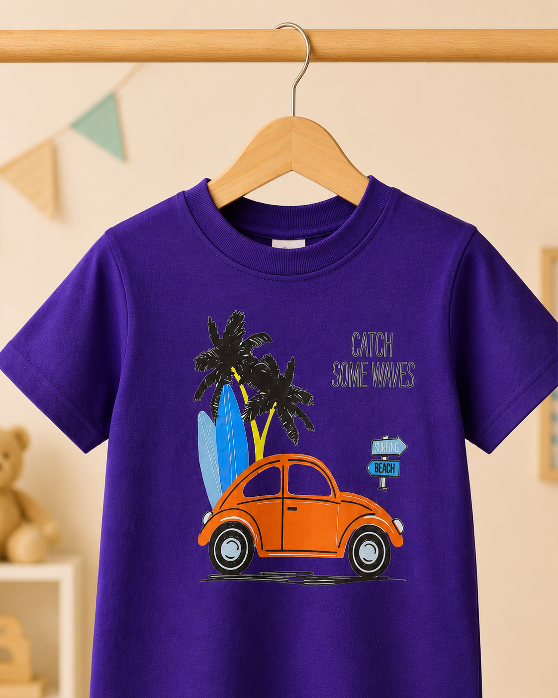 Boys Catch Some Waves graphic t-shirt Purple - front graphic close up