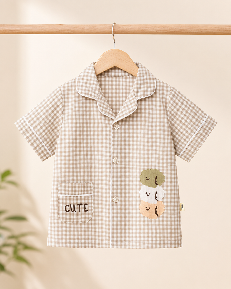 Boys beige gingham check pyjama shirt - front view on hanger
