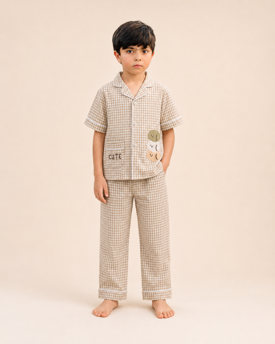 Boys beige gingham check pyjama set - full outfit on model