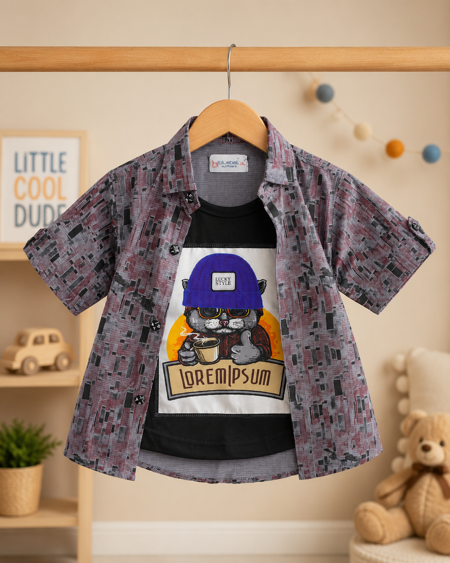 Boys abstract print shirt and shorts co-ord set - full front view with inner tee