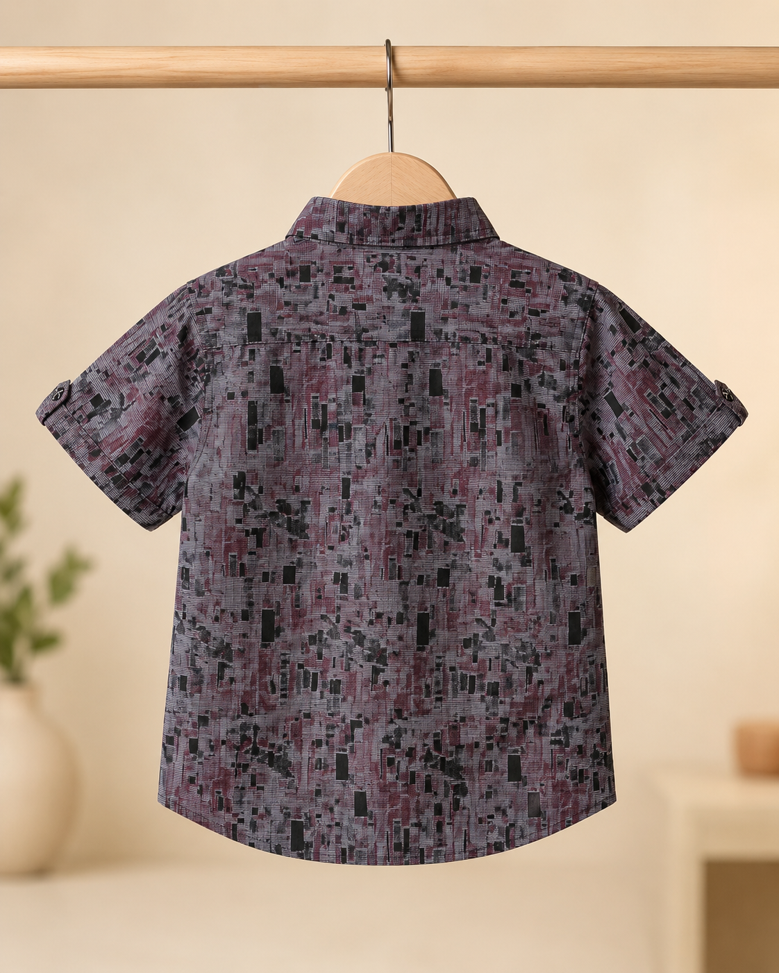 Boys abstract print shirt - back view on hanger