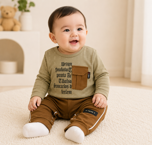 Boys Olive Green Graphic Long Sleeve Tee with Jogger Pants Set