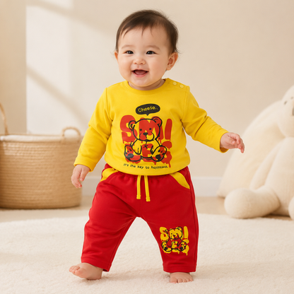 Baby Boys Yellow "Smiles" Graffiti Bear Long Sleeve Top & Red Drawstring Shorts Set