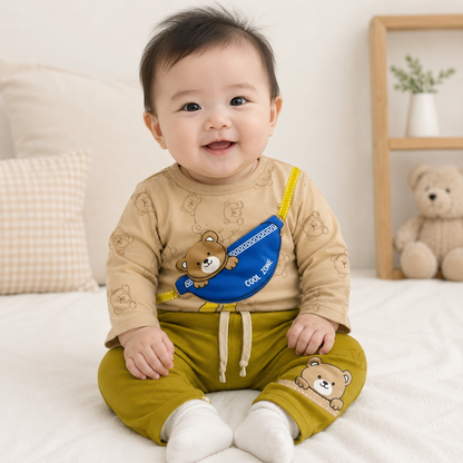 Baby Camel All-Over Bear Print "Cool Zone" Fanny Pack Long Sleeve Top & Olive Green Drawstring Pants Set