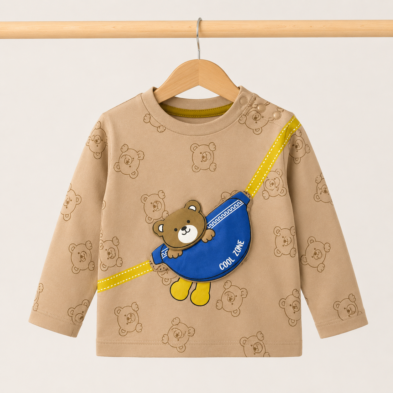 Baby Camel All-Over Bear Print "Cool Zone" Fanny Pack Long Sleeve Top & Olive Green Drawstring Pants Set
