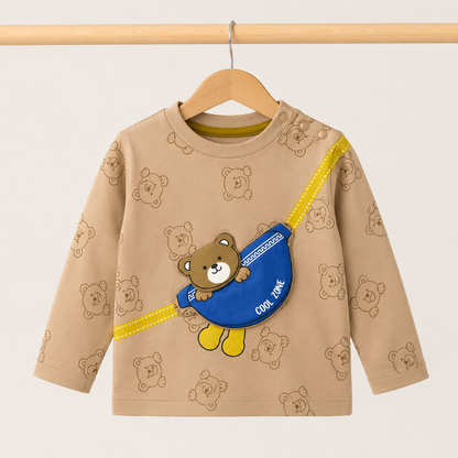 Baby Camel All-Over Bear Print "Cool Zone" Fanny Pack Long Sleeve Top & Olive Green Drawstring Pants Set