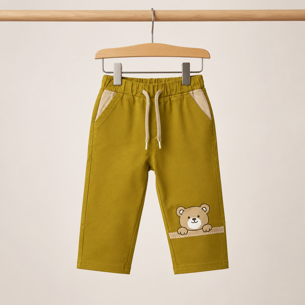 Baby Camel All-Over Bear Print "Cool Zone" Fanny Pack Long Sleeve Top & Olive Green Drawstring Pants Set