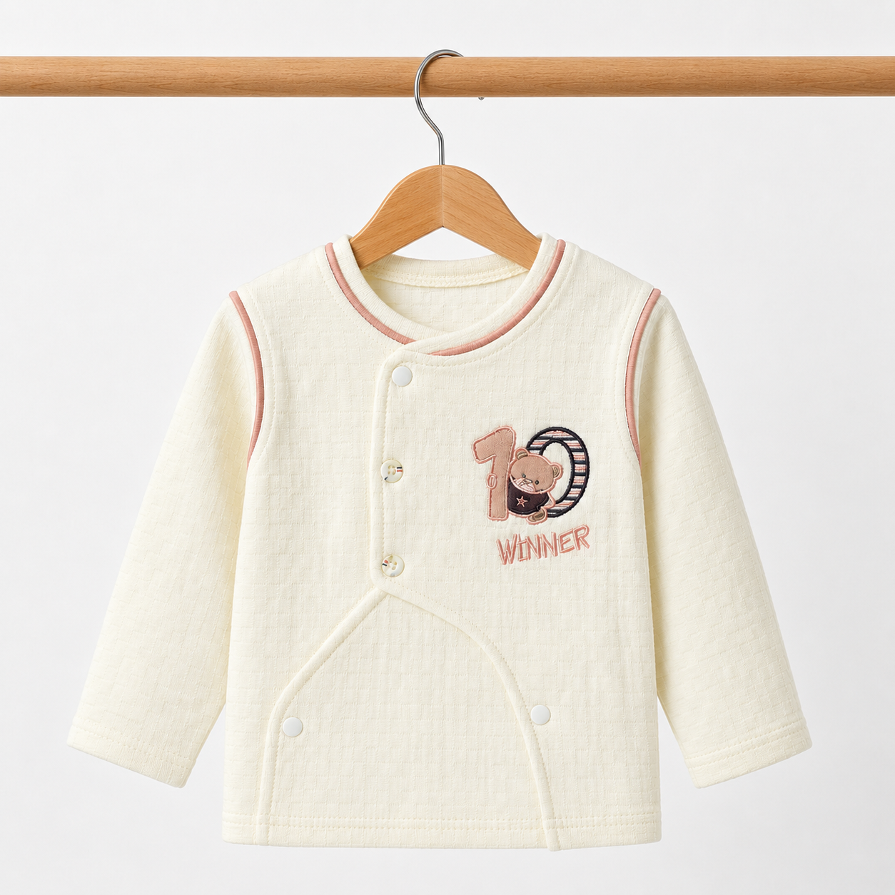 Baby Cream "Winner" Bear Quilted Texture Button-Front Top, Pants, Bandana Bib & Beanie Hat 4-Piece Set