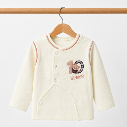 Baby Cream "Winner" Bear Quilted Texture Button-Front Top, Pants, Bandana Bib & Beanie Hat 4-Piece Set
