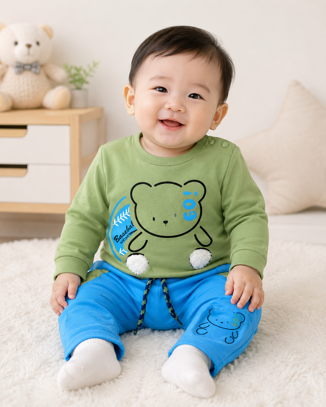 Baby Boys Green Bear Graphic Long Sleeve Top & Blue Shorts Set