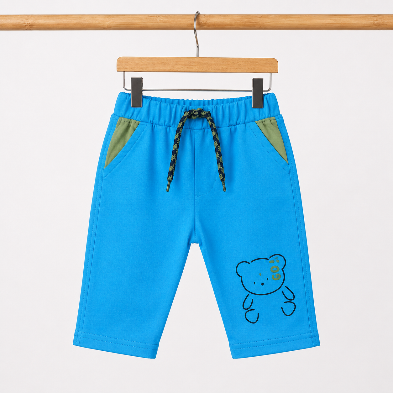 Baby Boys Green Bear Graphic Long Sleeve Top & Blue Shorts Set