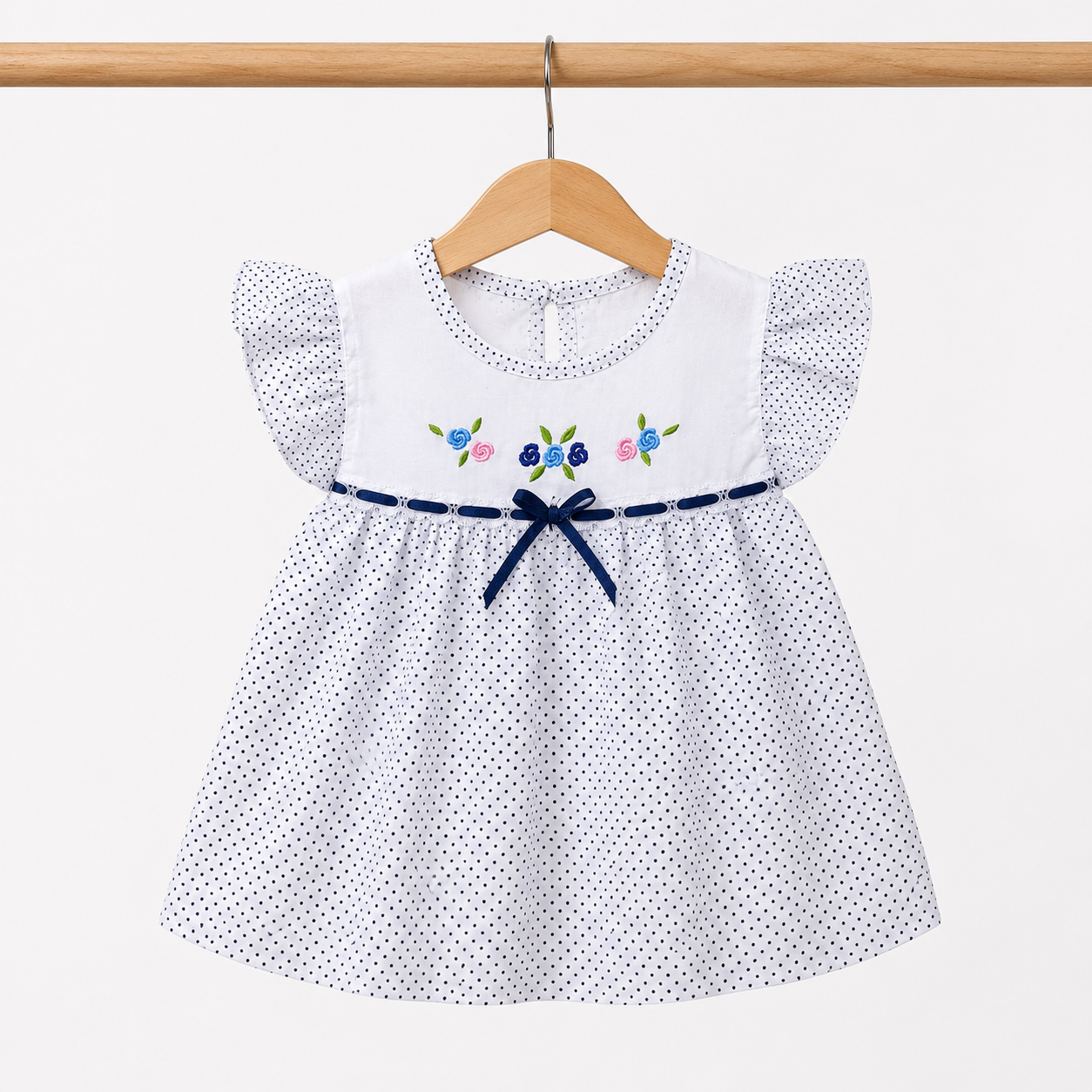 White polka dot floral embroidered flutter sleeve dress - front view