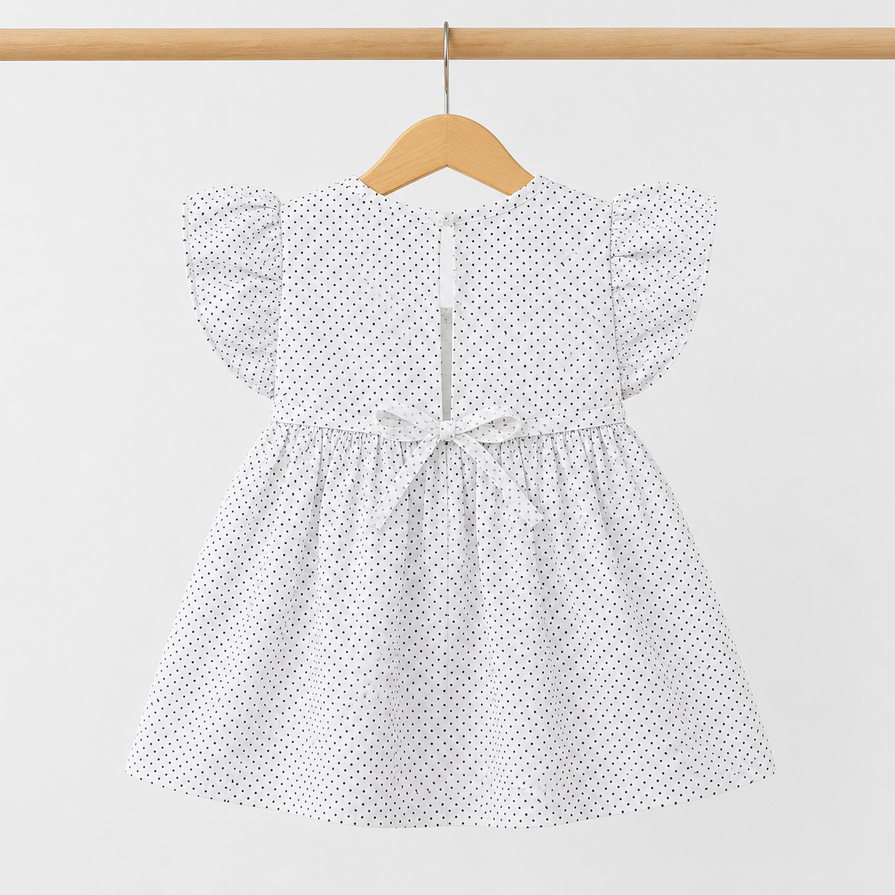 Baby girl wearing white polka dot floral embroidered dress and bloomer set