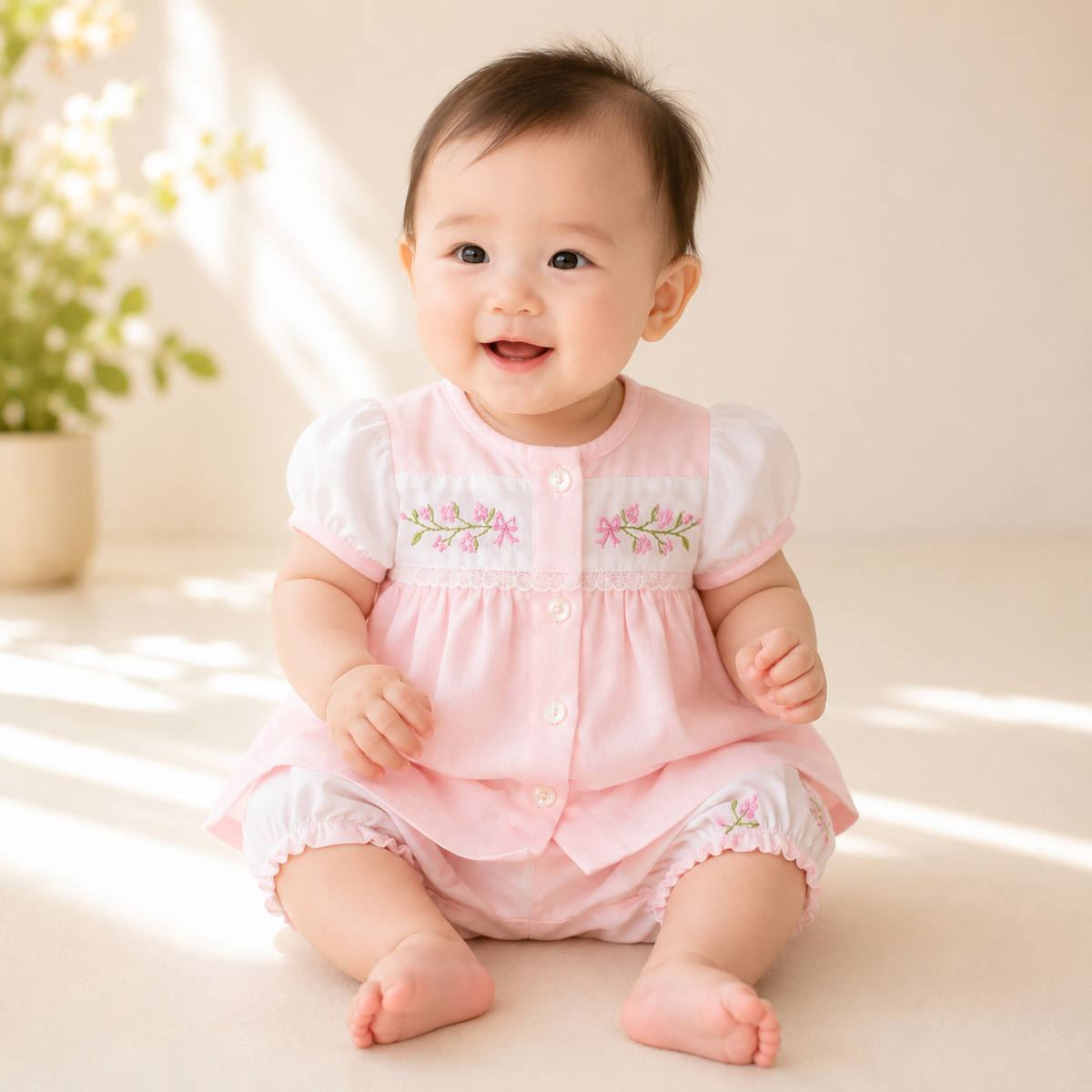 Baby girl wearing pink floral embroidered puff sleeve top and bloomer shorts set