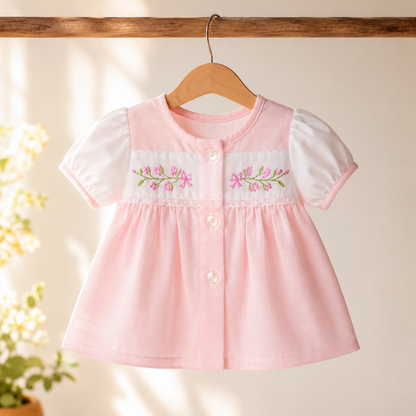 Pink floral embroidered puff sleeve top - front view on hanger