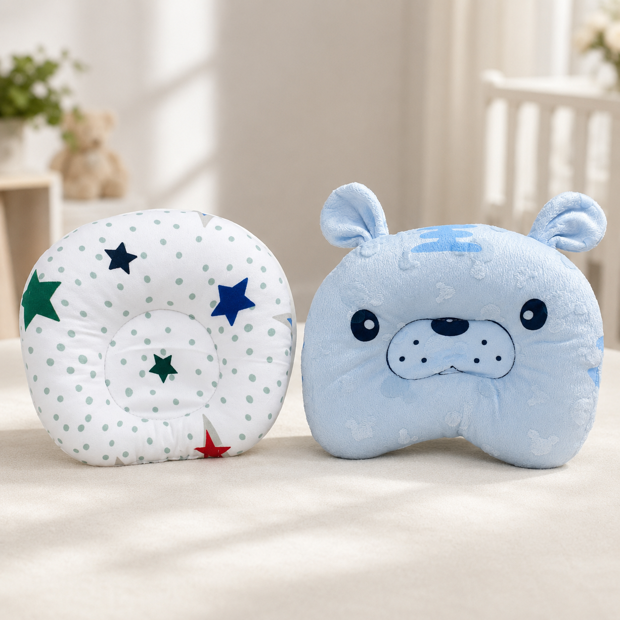 Baby Newborn White Multi-Colour Star & Polka Dot Print Donut Head Shaping Pillow & Sky Blue Bear Face Plush Pillow - Both Pillows Together