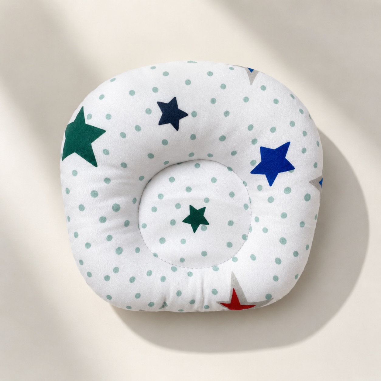 Baby Newborn White Multi-Colour Star & Polka Dot Print Donut Head Shaping Pillow - Top View showing Central Concave Hollow