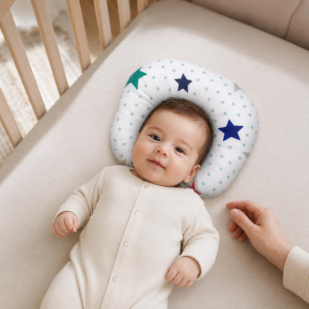 Baby Newborn White Multi-Colour Star & Polka Dot Print Donut Head Shaping Pillow - Baby Lying in Crib using Pillow