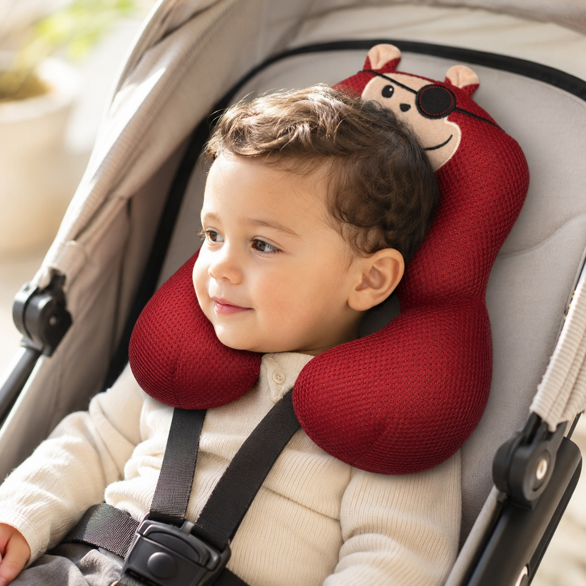 Baby Toddler Red Breathable Mesh Pirate Monkey U-Shape Head & Neck Support Travel Pillow - Baby Sitting in Pram Using Pillow
