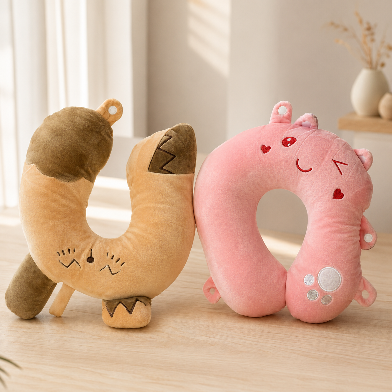 Kids Adults Pink Love Bear & Brown Sleepy Dino Plush U-Shape Neck Travel Pillows - Both Pillows Together Product Shot