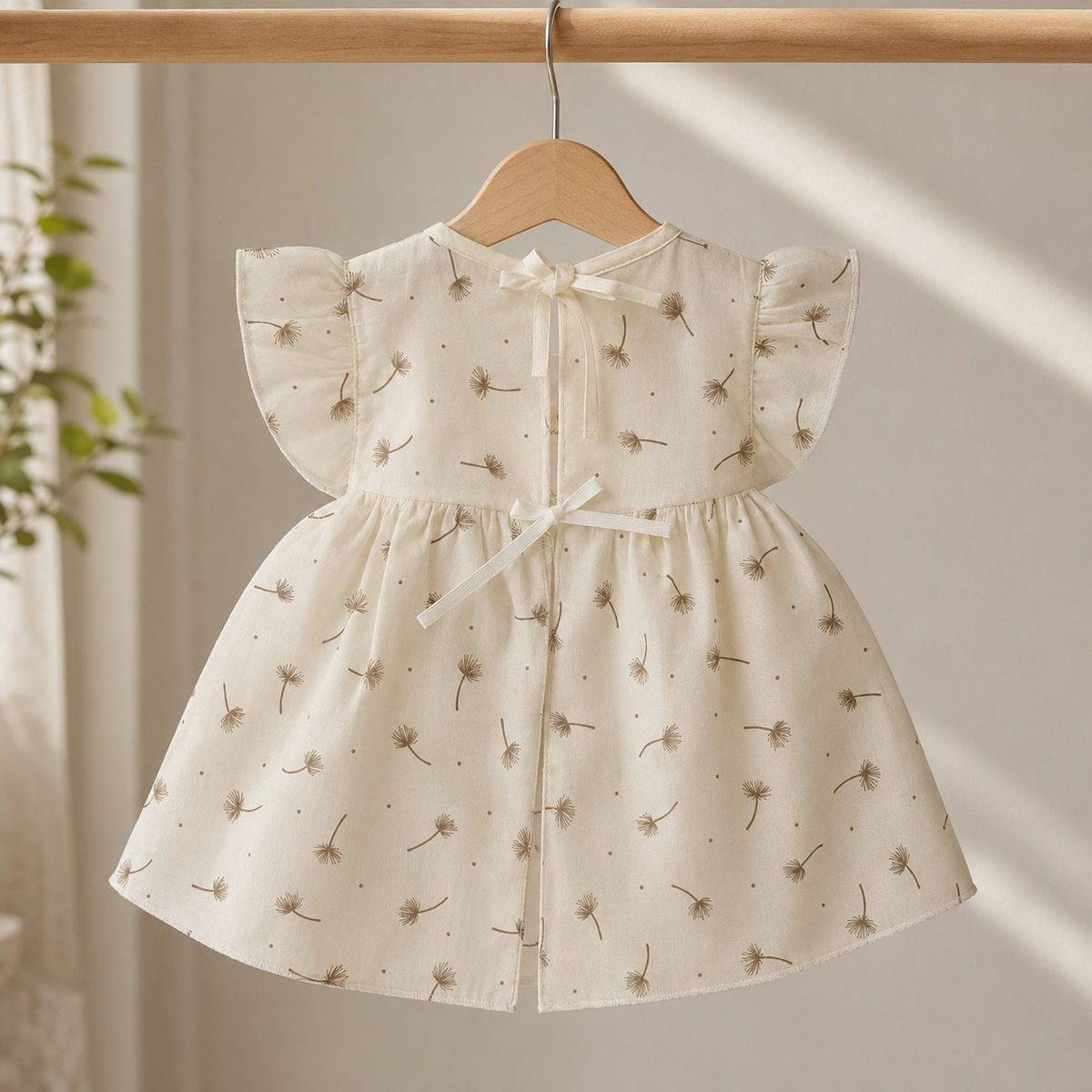 Baby Girls Cream All-Over Dandelion Print Bee & Wildflower Embroidered Flutter Sleeve A-Line Top & Bloomers 2-Piece Set